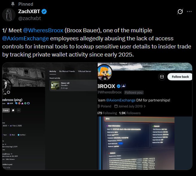hiwhaledegen's tweet image. 🚨 BREAKING: On-chain investigator ZachXBT has published a new report claiming that employees at Axiom used insider information to trade ahead of the market.

According to the investigation, internal access may have been used to gain unfair advantage — raising serious questions