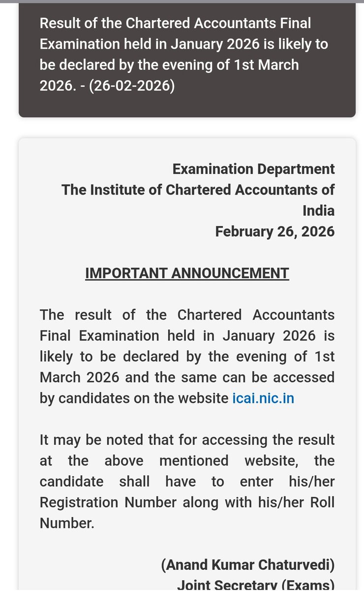 CAVijayAgrawal's tweet photo. #Result of the Chartered Accountants #Final_Examination held in January 2026 is likely to be declared by the evening of 1st March 2026.
https://t.co/tG7pv7BWGV
#ca_Students
#ca_exam
#cicasa
#bos
#ca https://t.co/nezu0nzJ2N