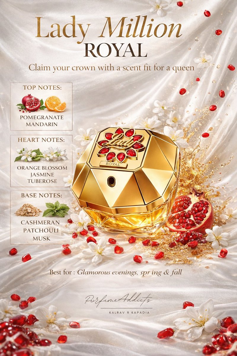kalravkapadia's tweet photo. PerfumeAddicts Exclusive Deal:
A PERFUME FOR THE QUEEN💥💥
A ROYAL AND A SUPER LUXURIOUS CLASSY WEAR ✨✨
Paco Rabbane Lady Million Royal Eau De Parfum Pour Femme for women from Paco Rabbane 80ml EDP TESTER DEAL for 5650. #classy #floral #suave #enigmatic #bold
BOLD - GLAMOROUS - CLASSY ⚡⚡⚡
Lady Million Royal is a radiant fruity-floral masterpiece that opens with a juicy burst of pomegranate and sparkling mandarin, creating an instantly vibrant and confident first impression.
As it settles, a luxurious bouquet of orange blossom, jasmine, and creamy tuberose unfolds — feminine, luminous, and unapologetically glamorous.
The dry-down reveals sensual cashmeran, earthy patchouli, and soft musk, adding warmth, depth, and a smooth woody elegance that lingers beautifully on the skin.
It’s bold yet sophisticated — perfect for evening soirées, wedding functions, festive celebrations, date nights, and glamorous events.
Best worn in spring, festive winter evenings, and transitional autumn nights, when you want to feel powerful, elegant, and unforgettable.
A crown in a bottle — bold, feminine, and unapologetically royal.
GO FOR IT NOW 💥💥💥
