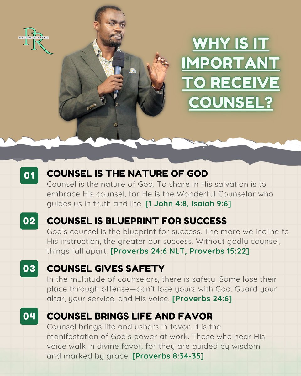preciousrhema_'s tweet photo. Why is it Important to Receive Counsel?

1. Counsel is the nature of God
2. Counsel is blueprint for success 
3. Counsel gives safety
4. Counsel brings life and favours 

Ap. Grace Lubega 
#PreciousRhema
#MenGatherIX https://t.co/AKw1DCT8Fy
