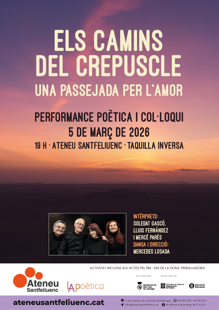 ateneusf's tweet photo. Els Camins del Crepuscle: una passejada per l’amor
📅 Dijous 5 de març · 19 h
📍 Sala d’Actes de l’Ateneu
🎟️ Taquilla inversa

https://t.co/T3Z3BgqUEX

#8M #cultura #ateneu #santfeliu https://t.co/bDwqoRfsmg