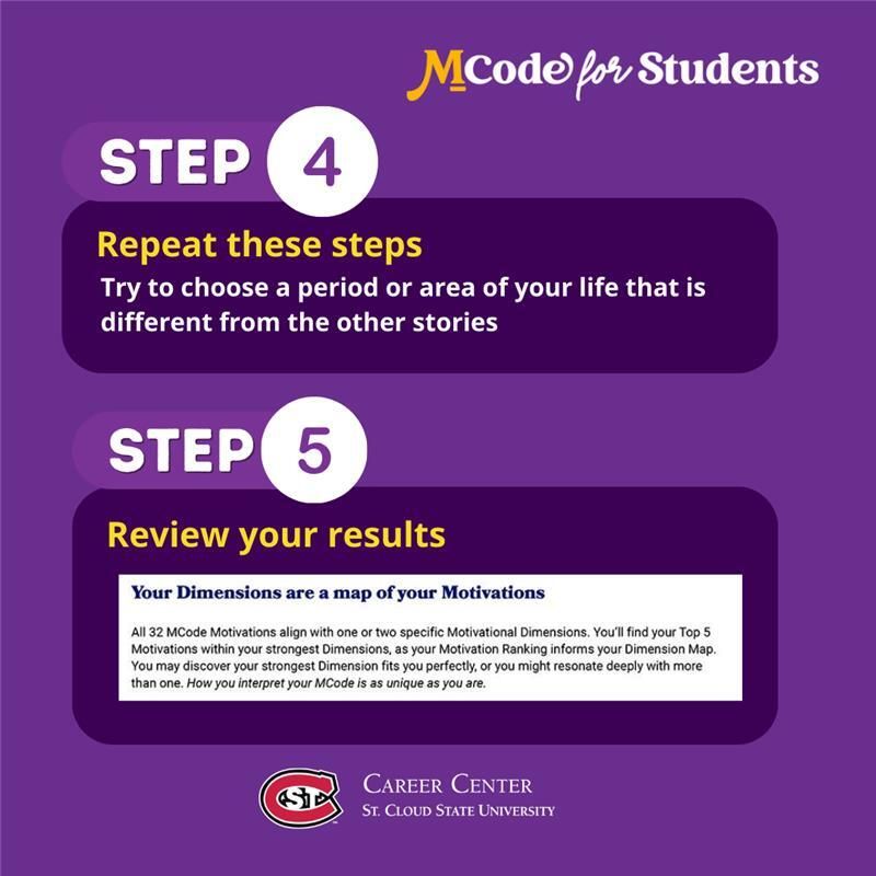 SCSUCareer's tweet photo. Want to see what truly motivates you?
Take MCode for FRFE, get instant results, and meet with a career advisor to unpack your insights. 
Check the steps to get started! 
#SCSU #CareerCenter #MCode https://t.co/YpLn2MnSNz
