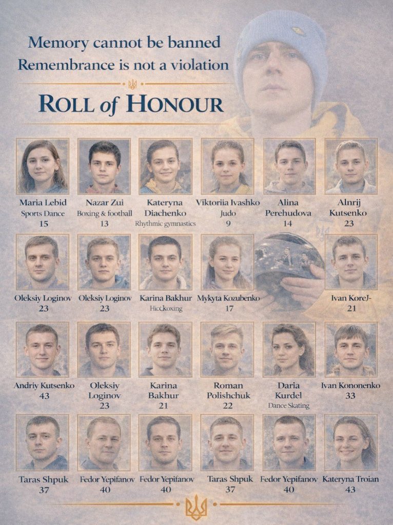ItsSneffles's tweet photo. @iocmedia ruzzia murders Ukrainian athletes- male and female… gender-balanced genocide 🤬 

#MemoryCannotBeBanned https://t.co/rXfXcd7J4a