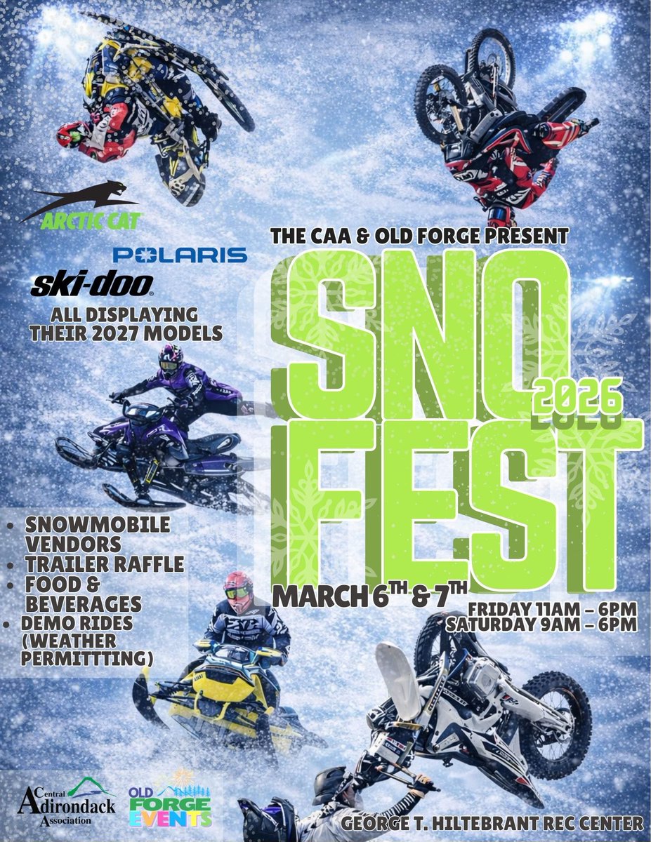 WatersEdgeADK's tweet photo. SnoFest, March 6 - 7, 2026! ☃️

Stop by for an action-packed winter celebration featuring the newest '27 snowmobile models.

View the latest sleds, shop the newest gear, talk sleds with industry experts, and possibly demo rides.

Book your stay NOW! 📌
https://t.co/vU7mqFe5Rx https://t.co/4TyMr28k4l