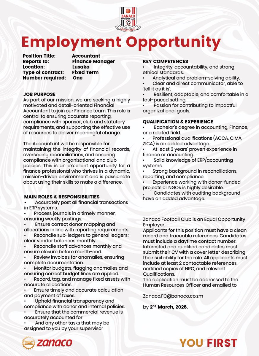 🚨Employment Opportunity at Zanaco FC🚨  

We’re hiring! Zanaco Football Club is looking for an Accountant. 

📩 Send your applications to Zanaco.FootballClub@zanaco.co.zm

🗓️ Deadline: 2nd March 2026

📌 See poster for full details. 👇

#WeAreZanaco
#WeAreSensational