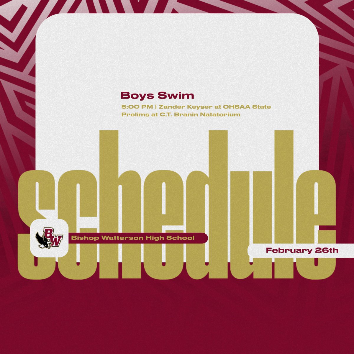 BWHS_Athletics's tweet photo. Daily Schedule! 🦅
Zander Keyser will compete in the OHSAA State Prelims tonight at 5:00 PM in the 50 Freestyle and the 100 Backstroke!  
#WE 
#Watterson 
#Eagles https://t.co/Cmecgl5Nad