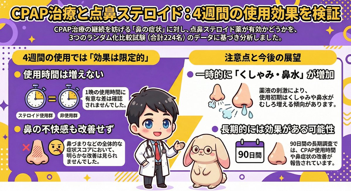 【CPAP利用者の鼻症状に「点鼻ステロイド」は有効？🤔】
睡眠時無呼吸症候群（OSA）の治療で重要なCPAPですが、鼻水や乾燥などの副作用で継続が難しくなる人が少なくありません💦 その対策として「点鼻ステロイド」がよく処方されますが、本当にCPAPの継続率アップに繋がるのでしょうか？