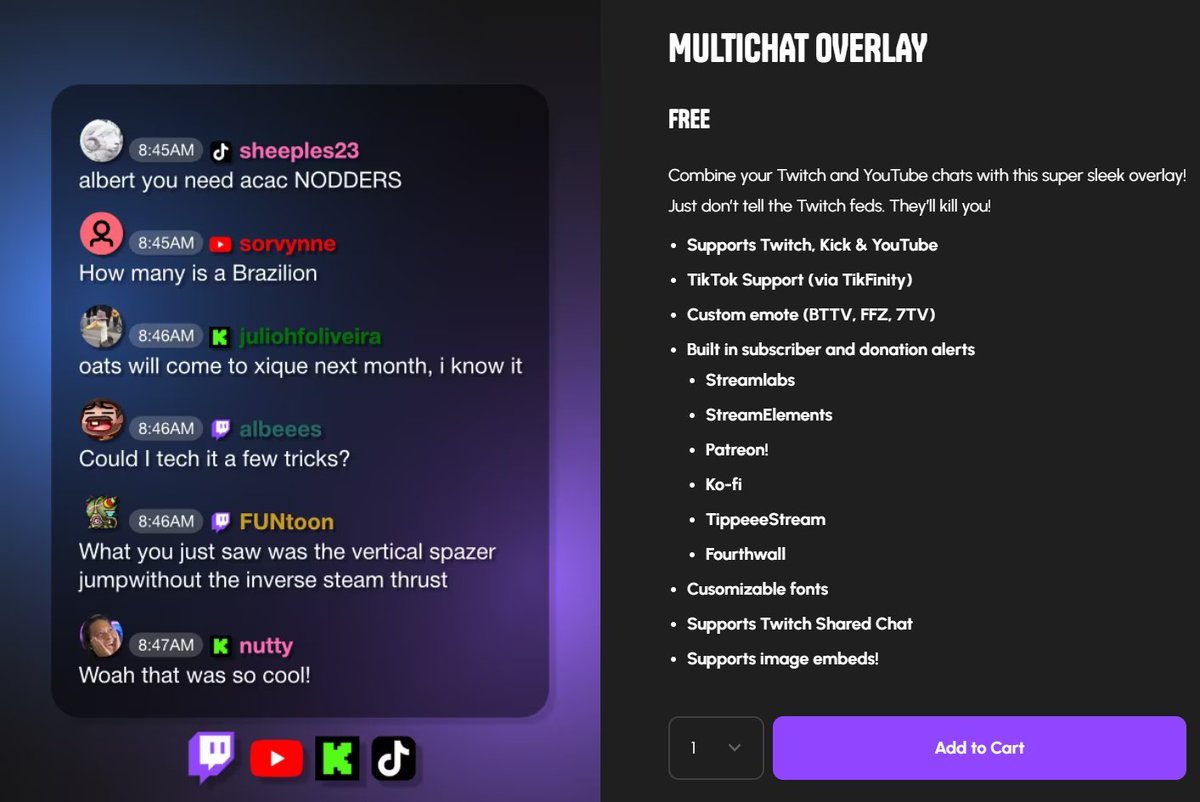 If you're looking for a combined multichat for your stream now that Twitch is finally allowing it, here's a few that I've made.

Supports Twitch, Kick, YouTube and TikTok.

They're free, go share them.