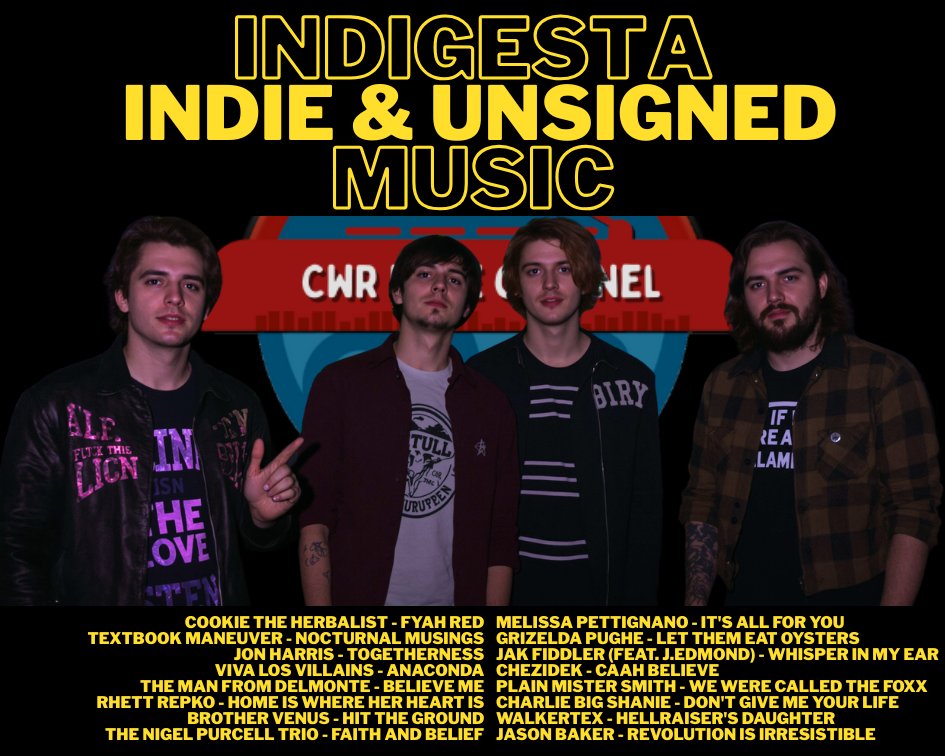 catorwebradio's tweet photo. #NowPlaying #Indigesta
@CookieTheHerbal
#TextbookManeuver
@JonHarrisRocks
#VivaLosVillains
@RhettRepko
#BrotherVenus
@NigelTrio @AndrewP54669672
Melissa Pettignano
#GrizeldaPughe
#JakFiddler
#Chezidek
@PlMisterSmith
#CharlieBigShanie 
#WalkerTex  #WilsonLyons
@jbakervtmusic https://t.co/gOaJuGsZsO