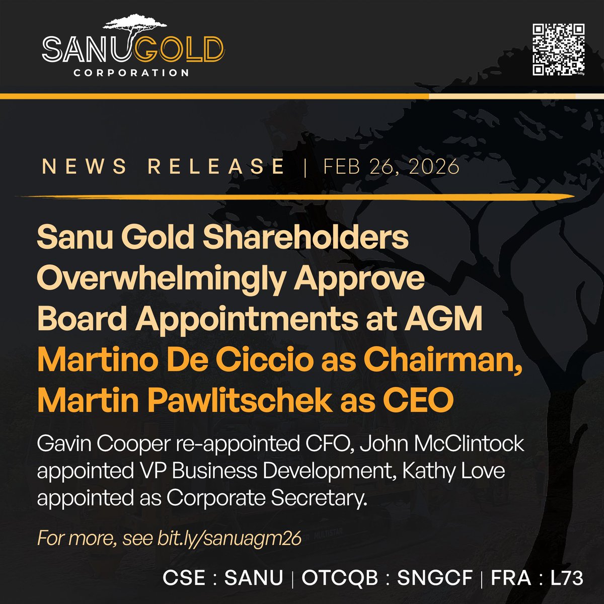 We are pleased to announce that $SANU.CN $SNGCF shareholders overwhelmingly approved the re-election of Martin Pawlitschek, President &amp; CEO, and other directors including Ms. Gueye, Mr. De Ciccio, Mr. Hemstead and Mr. Tia at the Sanu Gold AGM.

More → newsfilecorp.com/release/285412