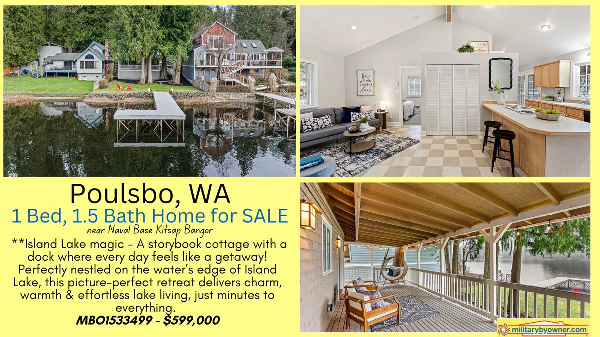 militarybyowner's tweet photo. Lovely lake home in Poulsbo, WA! "A covered front porch leads into a bright, welcoming interior with vaulted ceilings and beautiful lake views that greet you the moment you step inside." $599,000 
Near Naval Base Kitsap Bangor & Naval Base Kitsap Bremerton

MBO1533499 https://t.co/j53RgRxSSd

#militarymove #homeselling #realestate #militarylife #PCS #MBO #homebuying