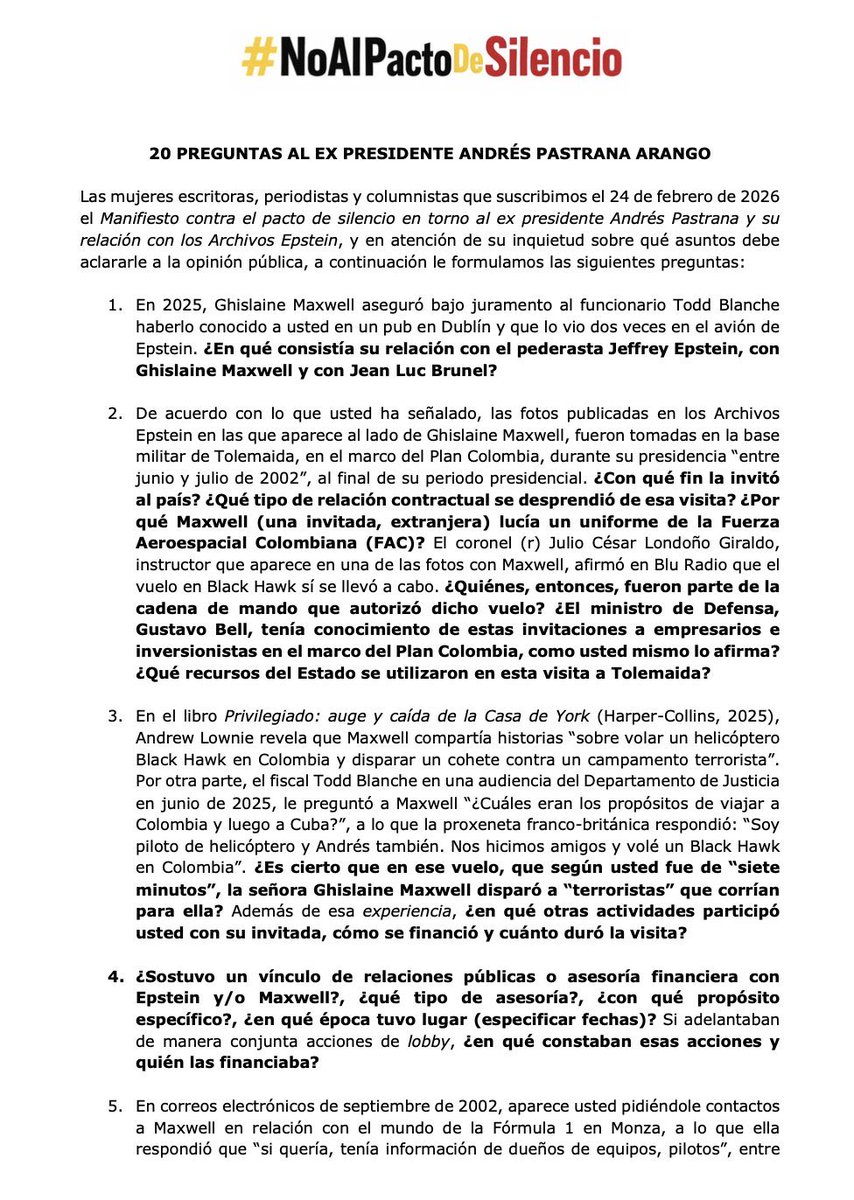 AngelaZorro's tweet photo. Ex presidente @AndresPastrana_ son solo 20 preguntas #NoAlPactoDeSilencio https://t.co/wgb3jjYfVB