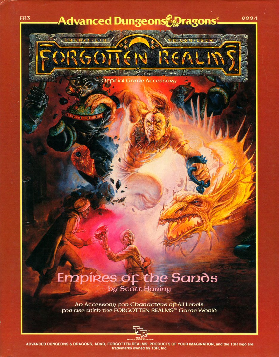 38 Years Ago: Empires of the Sands was released. 

This 2e accessory provides a wealth of knowledge for the Lands of Intrigue: Amn, Calimshan, and Tethyr. It also included a pair of fold-out color poster maps.
 #dnd #TBThursday #tbt

forgottenrealms.fandom.com/wiki/Empires_o…