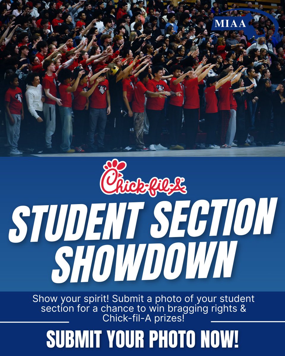 MIAA033's tweet photo. 👏Send us your student sections, win Chick-fil-A Prizes! 

📸 Show support for your teams, submit your photos, and WIN Chick-fil-A prizes! 

Click here to submit: https://t.co/qJptw2HEZ9 https://t.co/PzNQTJ1bgH