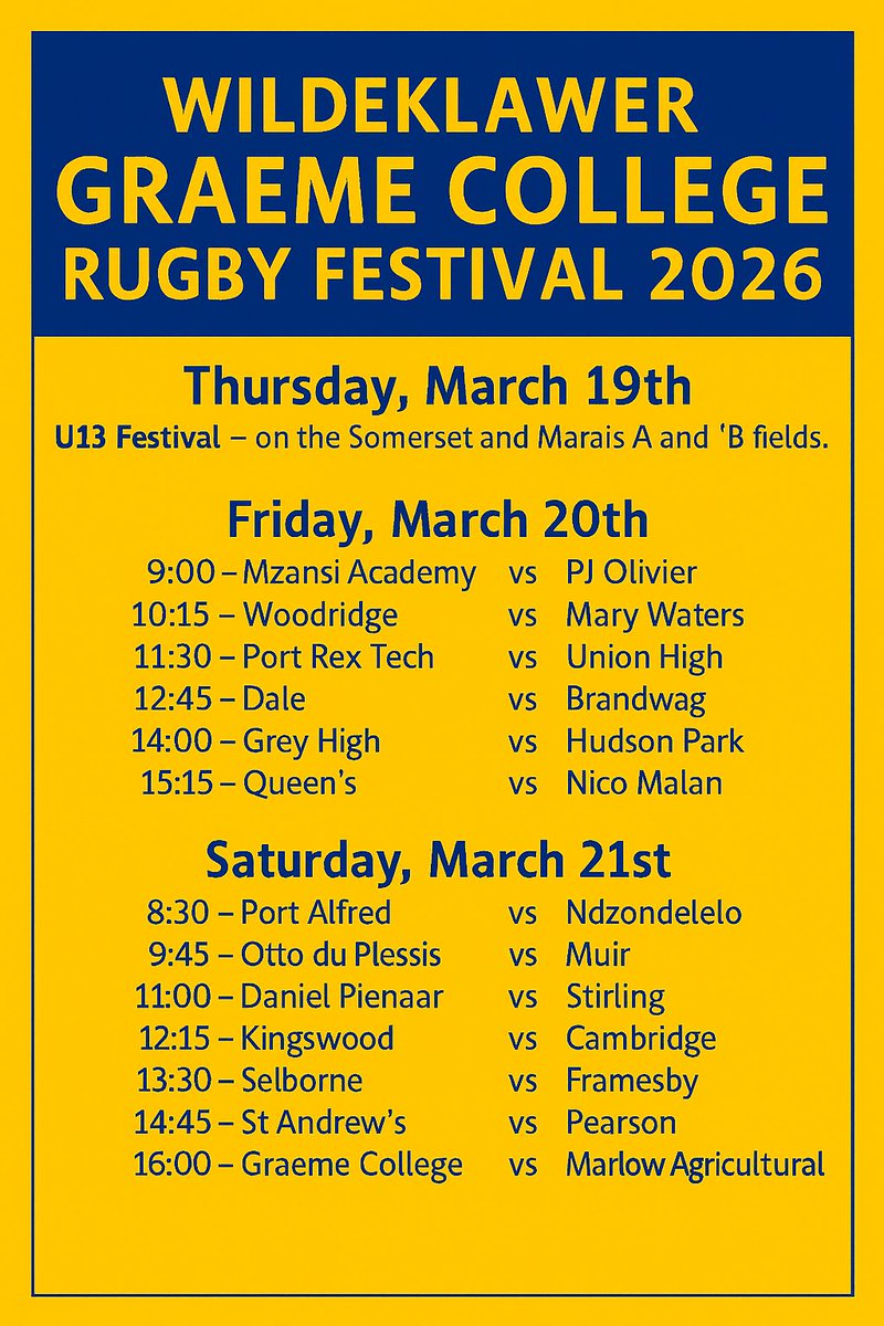 Wildeklawer Graeme College Rugby Festival 2026 - 20th - 21st March (u13s - 19th March)