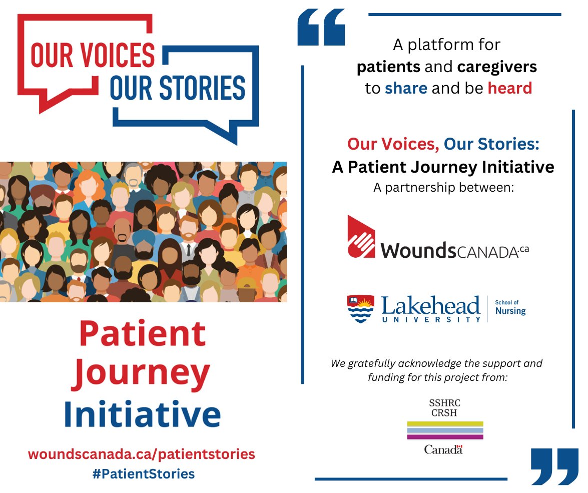 WoundsCanada's tweet photo. Our Voices, Our Stories
At Wounds Canada, we believe the patient voice should be at the heart of wound care.

Learn more here: 
https://t.co/IJBEYgpcd0

#WoundsCanada #WoundsCanada30 #PatientVoices #SkinHealthMatters #LakeheadUniversity #SSHRC https://t.co/R9J6zt88Ge