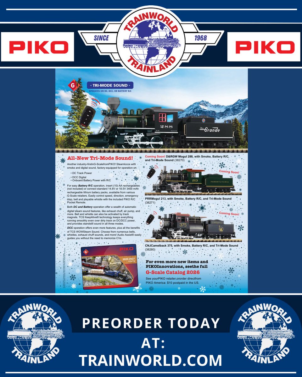 Trainworld's tweet image. Three ways to run your G scale, only by @PIKOAmerica! 🎛️

PreOrder today at TrainWorld.com! trainworld.com/catalogsearch/…

#pikoamerica #gscale #trimode #steamlocomotives #preorder #trainworld #trainland #modeltrains #trains #modeltrain #modeltrainlayout #modeltrainhobby