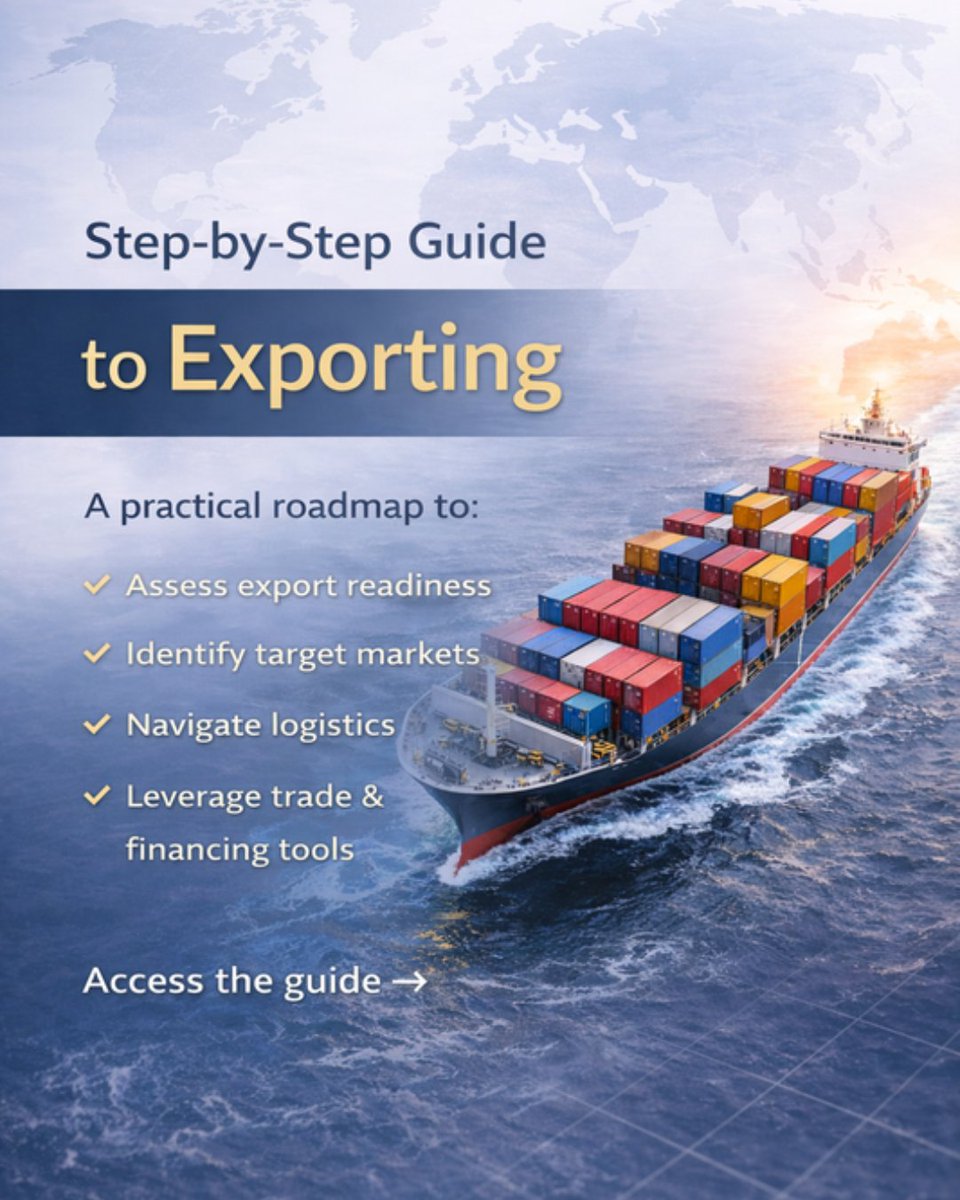 BioenterpriseCA's tweet image. 🌍 Ready to expand internationally?

The @TCS_SDC’s Step-by-Step Guide to Exporting covers readiness, planning, market selection, logistics &amp;amp; trade supports.

For Canadian companies looking to grow globally.

🔗 tradecommissioner.gc.ca/en/market-indu… 

#Exporting #AgriTech #FoodTech