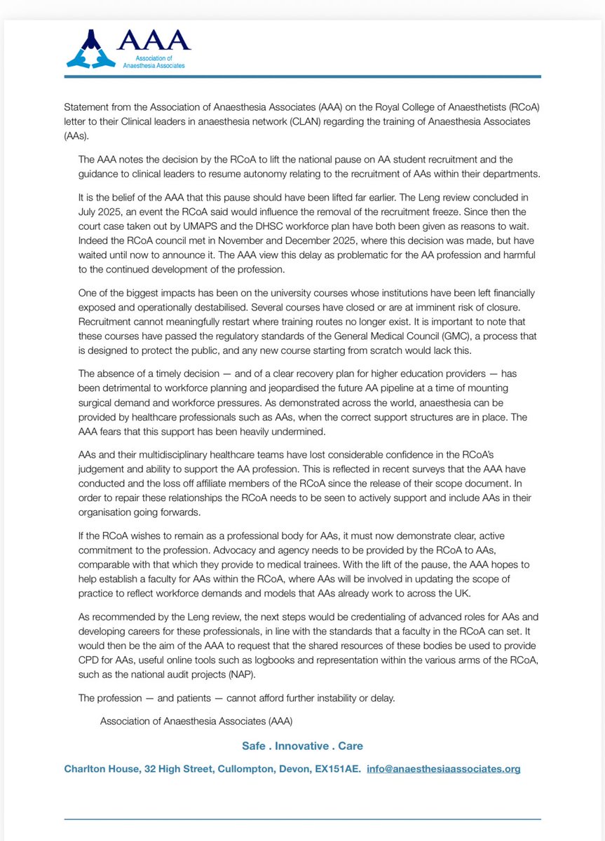 Association of Anaesthesia Associates tweet media