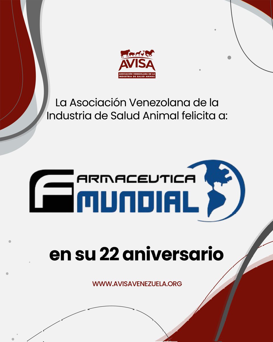 AVISA felicita a nuestra empresa agremiada Farmacéutica Mundial de Venezuela C.A. por sus 22 años de trayectoria. 

22 años impulsando la salud animal con soluciones farmacéuticas de alta calidad y compromiso. 

¡Felicidades a todo el equipo! 

#AVISA #FarmaceuticaMundial