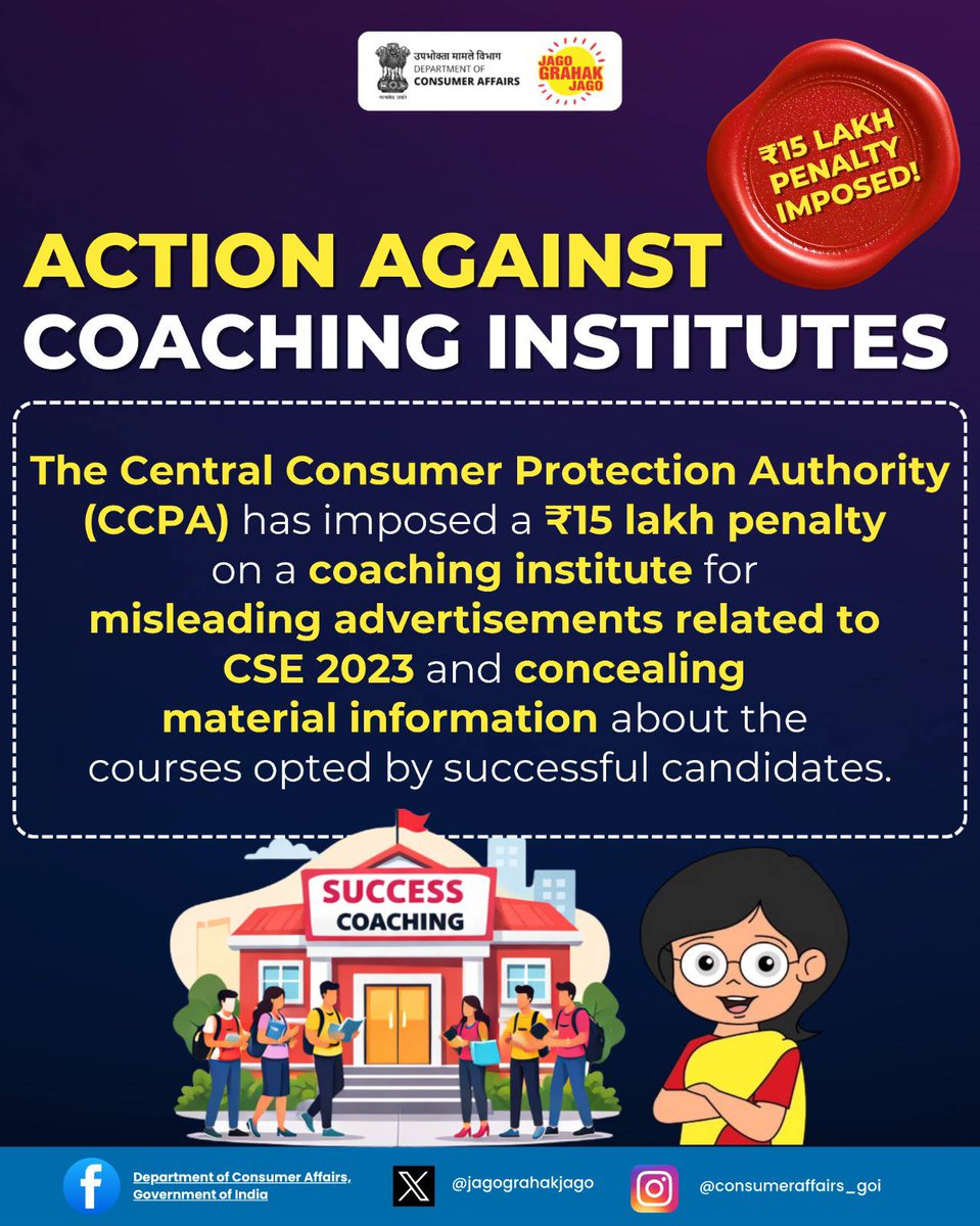CCPA has penalised a coaching institute ₹15 lakh for misleading CSE 2023 advertisements and hiding key course details, falsely suggesting complete training across all stages and infringing consumer rights. If you come across any misleading advertisement, report it to National