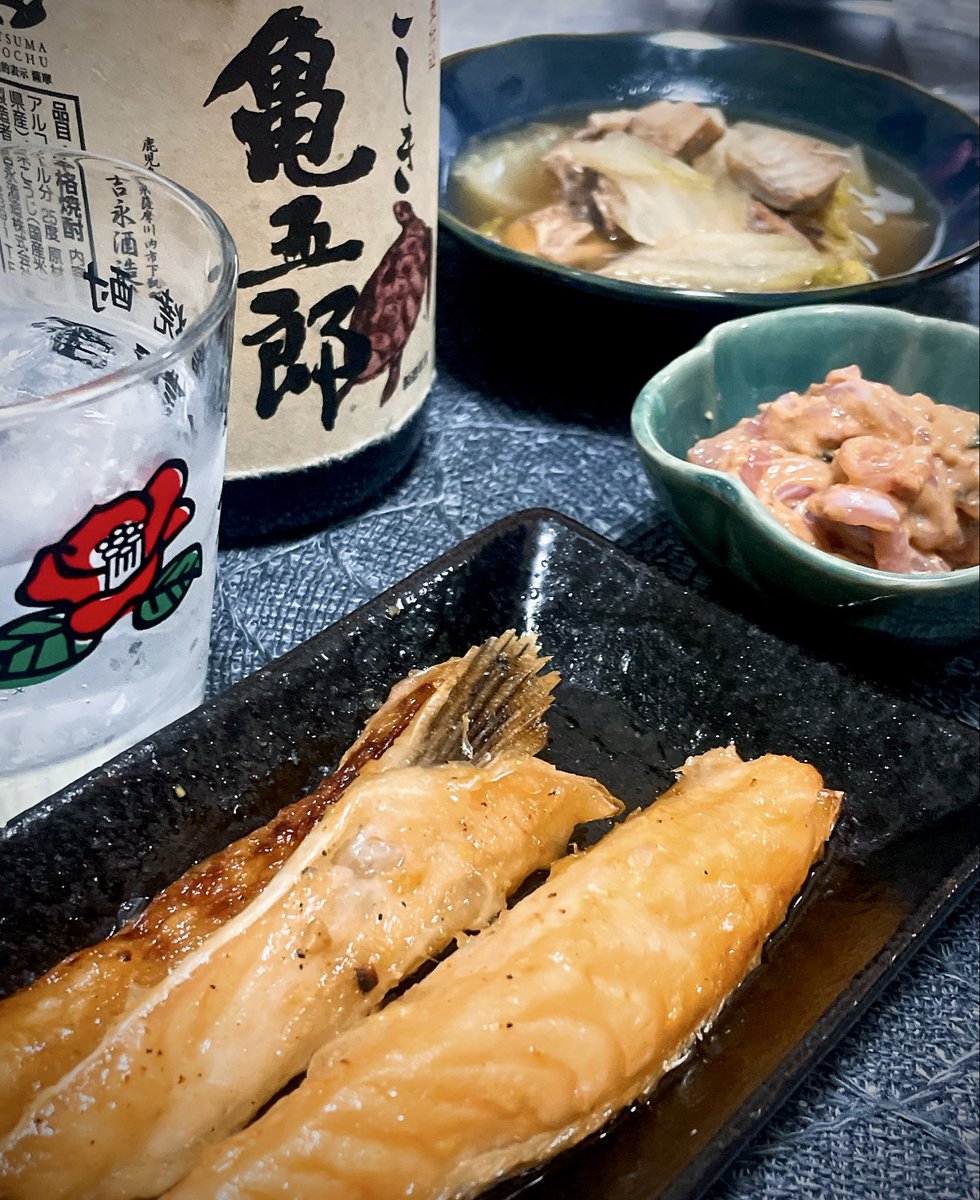 結局こう言うのがえぇんや😋
鮭ハラス西京焼き、鯖缶と白菜の煮物、あん肝イカ。塩分😇