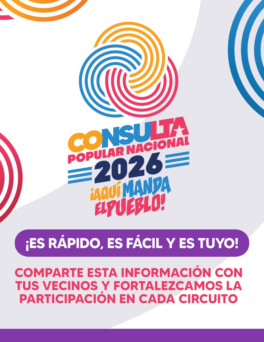 mincomunas_ve's tweet photo. Solo debes:

🔹 Ingresar al sitio web oficial del ministerio  https://t.co/oHC85MA26u
🔹 Ir a la sección de la Consulta Popular
🔹 Seleccionar tu estado
🔹 Buscar tu circuito comunal
 
Comparte esta información y fortalezcamos la participación en cada Circuito Comunal. https://t.co/dW4J9GCM9H