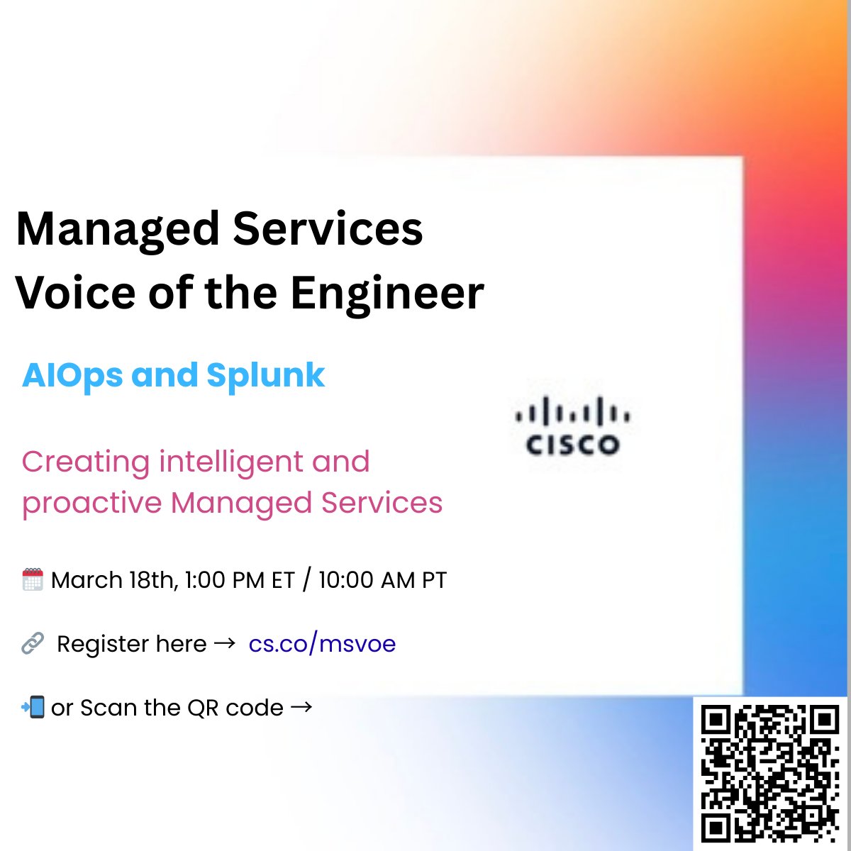 dmorace's tweet photo. Join us on March 18th at 1:00 PM ET for our Managed Services VoE about AIOps &amp; Splunk.  Discover how AI-driven operations and Splunk’s observability platform can transform your services. https://t.co/y7Kn94Avrq
#AIOps #Splunk #ManagedServices https://t.co/YVtHQgSVUl