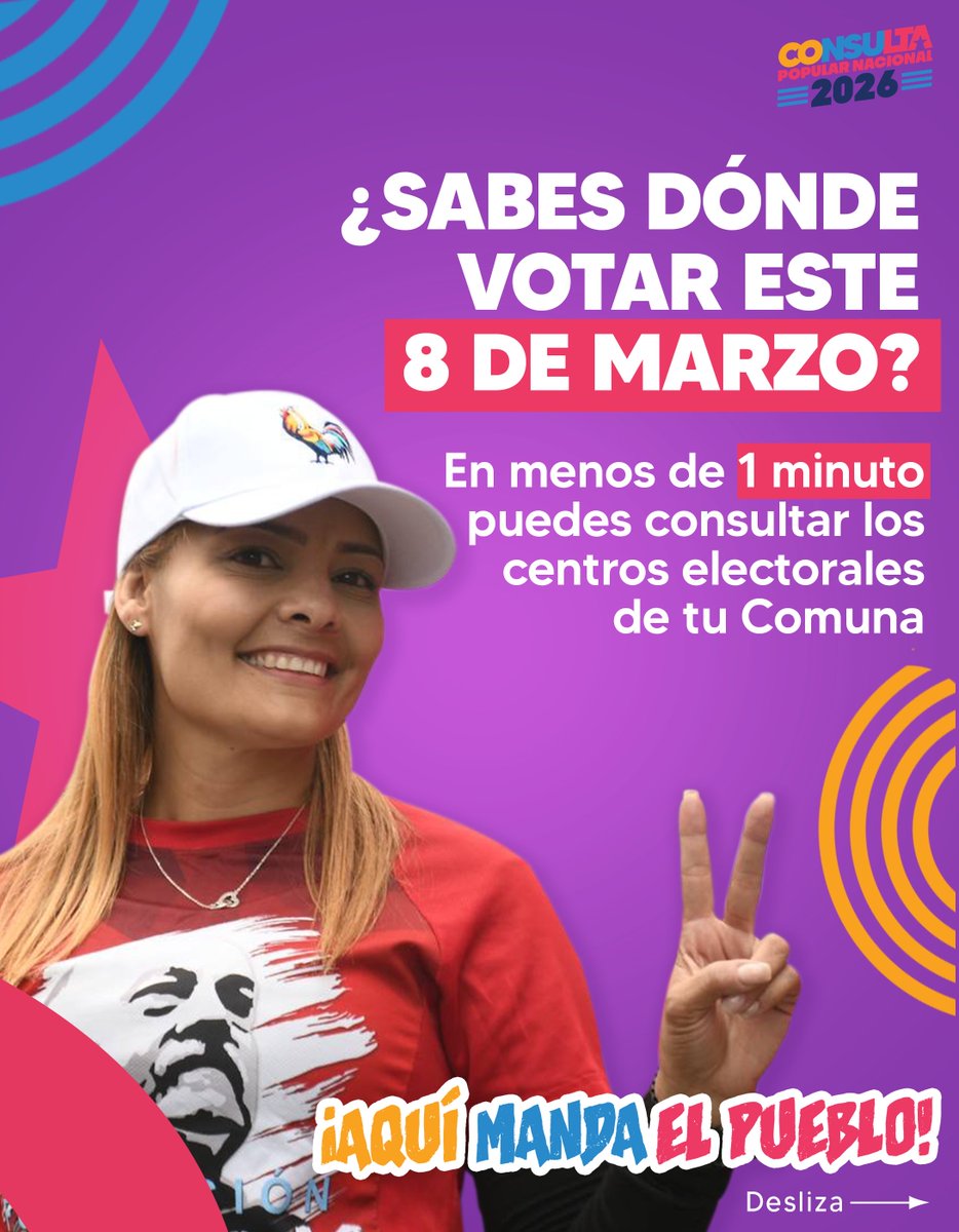 mincomunas_ve's tweet photo. 🗳️ ¿Ya sabes dónde votar en la Consulta Popular Nacional 2026?
 
En menos de un minuto puedes consultar los centros electorales de tu Circuito Comunal directamente desde la página oficial del Ministerio del Poder Popular para las Comunas 💻📲 https://t.co/CfAR6Zjx7k