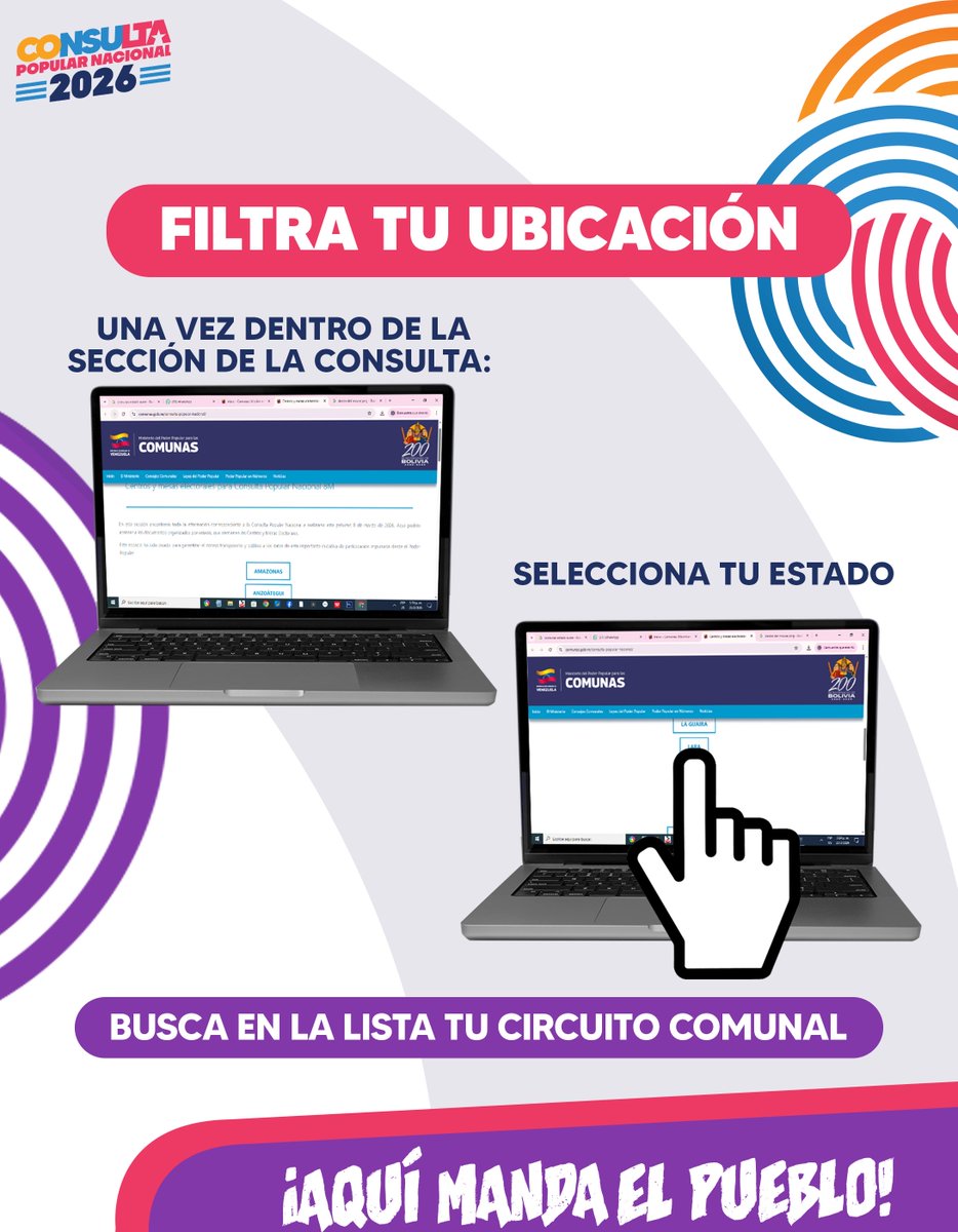 mincomunas_ve's tweet photo. 🗳️ ¿Ya sabes dónde votar en la Consulta Popular Nacional 2026?
 
En menos de un minuto puedes consultar los centros electorales de tu Circuito Comunal directamente desde la página oficial del Ministerio del Poder Popular para las Comunas 💻📲 https://t.co/CfAR6Zjx7k