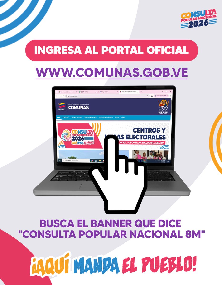 mincomunas_ve's tweet photo. 🗳️ ¿Ya sabes dónde votar en la Consulta Popular Nacional 2026?
 
En menos de un minuto puedes consultar los centros electorales de tu Circuito Comunal directamente desde la página oficial del Ministerio del Poder Popular para las Comunas 💻📲 https://t.co/CfAR6Zjx7k