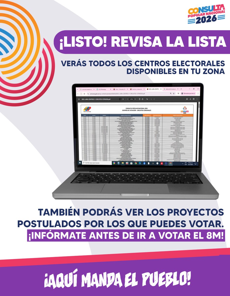 mincomunas_ve's tweet photo. 🗳️ ¿Ya sabes dónde votar en la Consulta Popular Nacional 2026?
 
En menos de un minuto puedes consultar los centros electorales de tu Circuito Comunal directamente desde la página oficial del Ministerio del Poder Popular para las Comunas 💻📲 https://t.co/CfAR6Zjx7k
