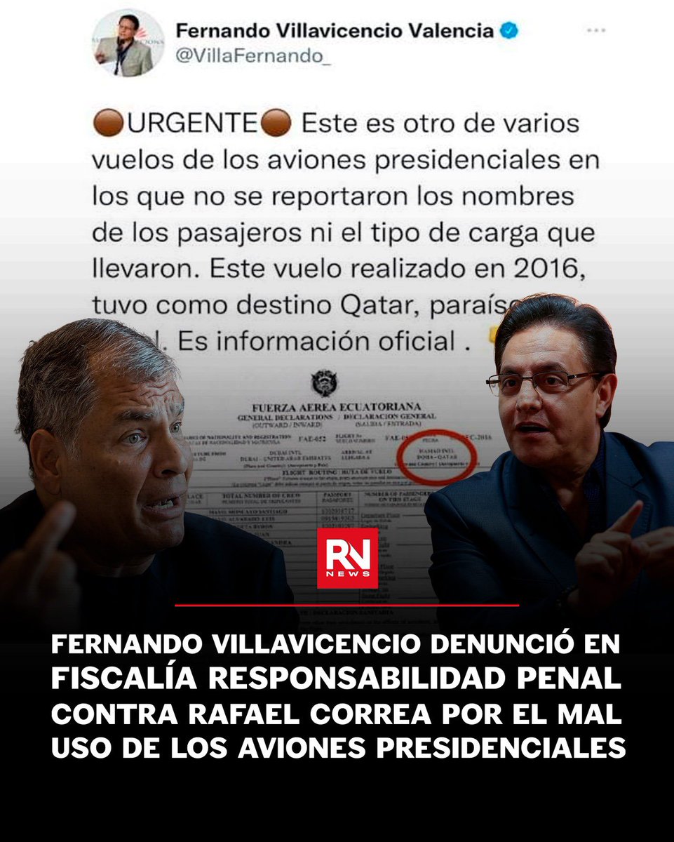 🔴 #Urgente Antes de fallecer, El ex candidato a la presidencia de Ecuador, Fernando Villavicencio denunció en Fiscalía que existe una indagación por presunto peculado, con responsabilidad penal contra Rafael Correa, por el mal uso de los aviones presidenciales. 

Se determinó