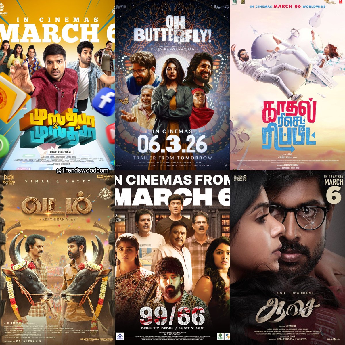 Trendswoodcom's tweet photo. March 6 – Tamil Theatrical Releases 🎬
#MustafaMustafa
#OhButterfly
#9966Movie
#Vadam
#KadhalResetRepeat
#Aasai
No Recent Updates About #Aasai In The Past Few Days... Likely To Get Postponed To Another Date. Official Confirmation Awaited. https://t.co/leTUhi45dr