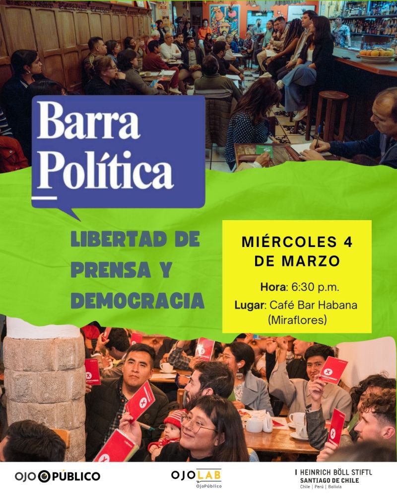Ojo_Publico's tweet photo. 🎙️Este miércoles 4 de marzo vuelve la #BarraPolitica : conversaremos con  @Angelpaezs @PaulaBayarte @NinaSunqu y @nellylun sobre Libertad de prensa y democracia. ¡Nos vemos en el Café Bar Habana!
👉 Registro: https://t.co/viSuCpuCm2 https://t.co/SchBM7KbsU