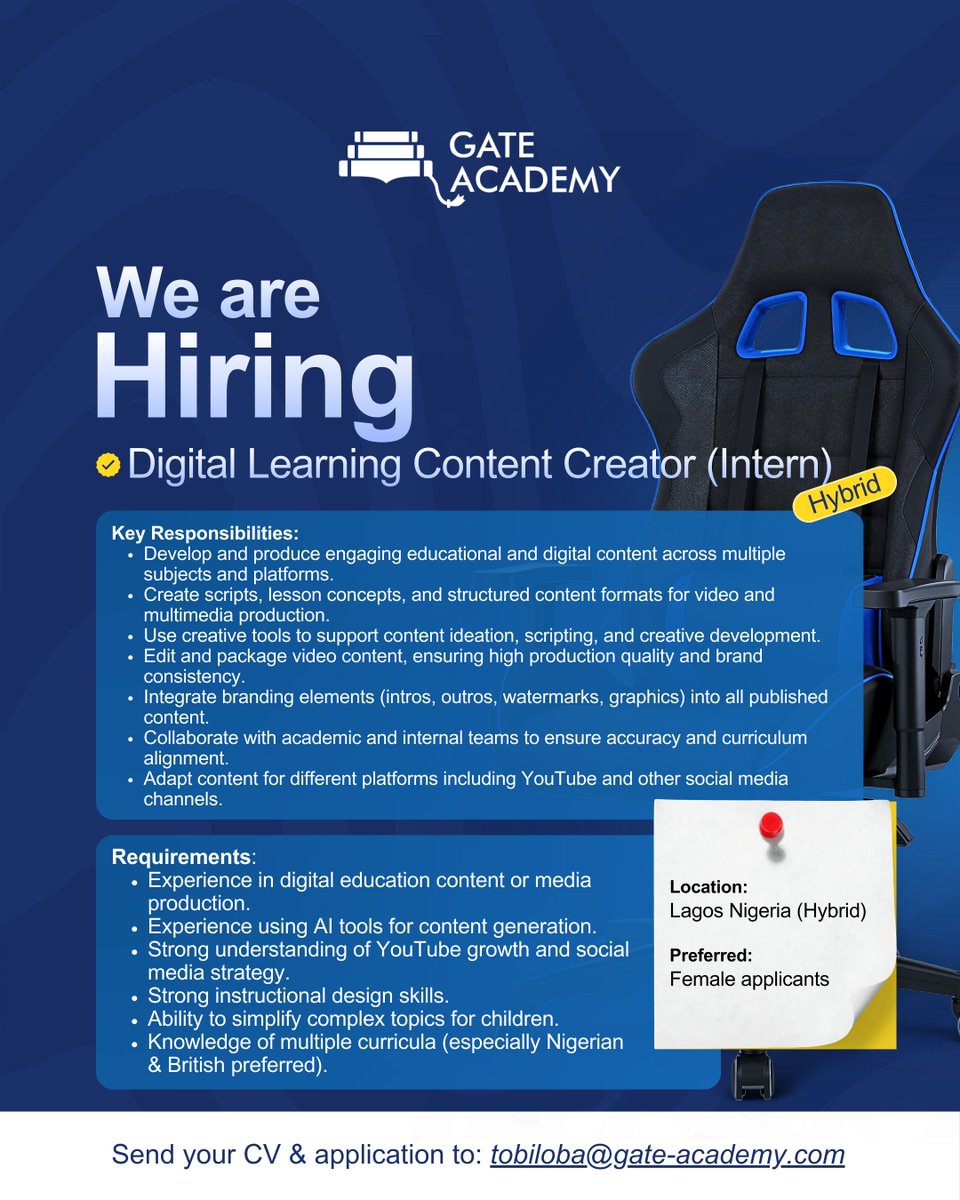 gateacademyng's tweet photo. We’re Hiring

GATE is looking for a creative and strategic Content Creator Intern to develop engaging digital learning content across multiple subjects and platforms.

Lagos (Hybrid)
Female applicants preferred
Send CV to: tobiloba@gate-academy.com
Tag someone who fits this role. https://t.co/trcSUb0888