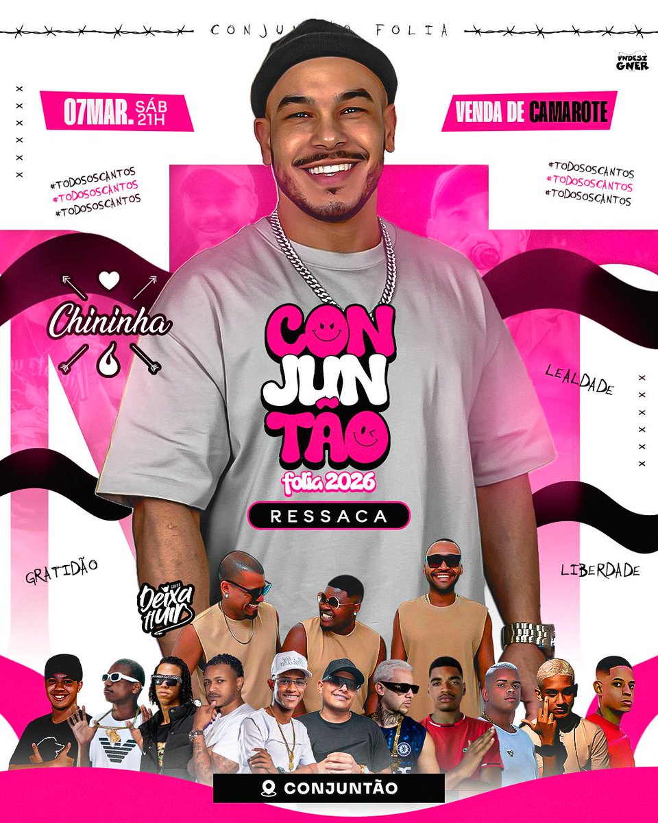RESSACA DO CONJUNTÃO FOLIA 

              📍RETÃO DA SÍRIA 📍

💥SHOW DO CANTOR CHININHA 💘👩‍❤️‍👨
💥IGN🔉RANT 🥊
💥 DJS DO IRAQUE 🇮🇶 
📌PALCO + ORNAMENTAÇAO + SUPER QUEIMA DE FOGOS  🎉🎊

CAMAROTES A VENDA ✅🌆