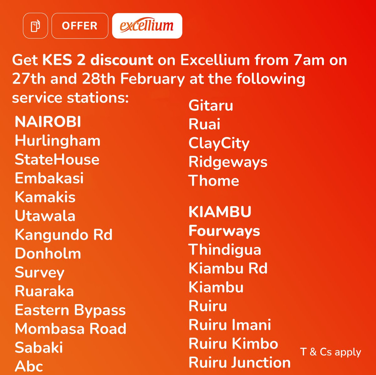 TotalEnergiesKE's tweet image. Start the weekend in style with Excellium🚗

Get Ksh 2 discount on Excellium and go further this weekend!

Swipe left ⬅️ to see list of participating stations!

#Excellium #MoreKms #EngineProtection #TotalEnergies #LoveTheStops