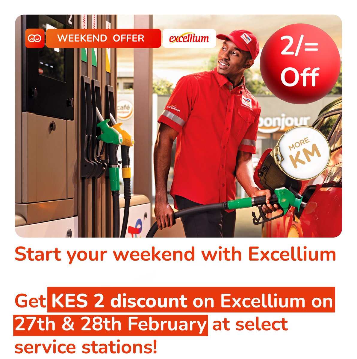 TotalEnergiesKE's tweet image. Start the weekend in style with Excellium🚗

Get Ksh 2 discount on Excellium and go further this weekend!

Swipe left ⬅️ to see list of participating stations!

#Excellium #MoreKms #EngineProtection #TotalEnergies #LoveTheStops