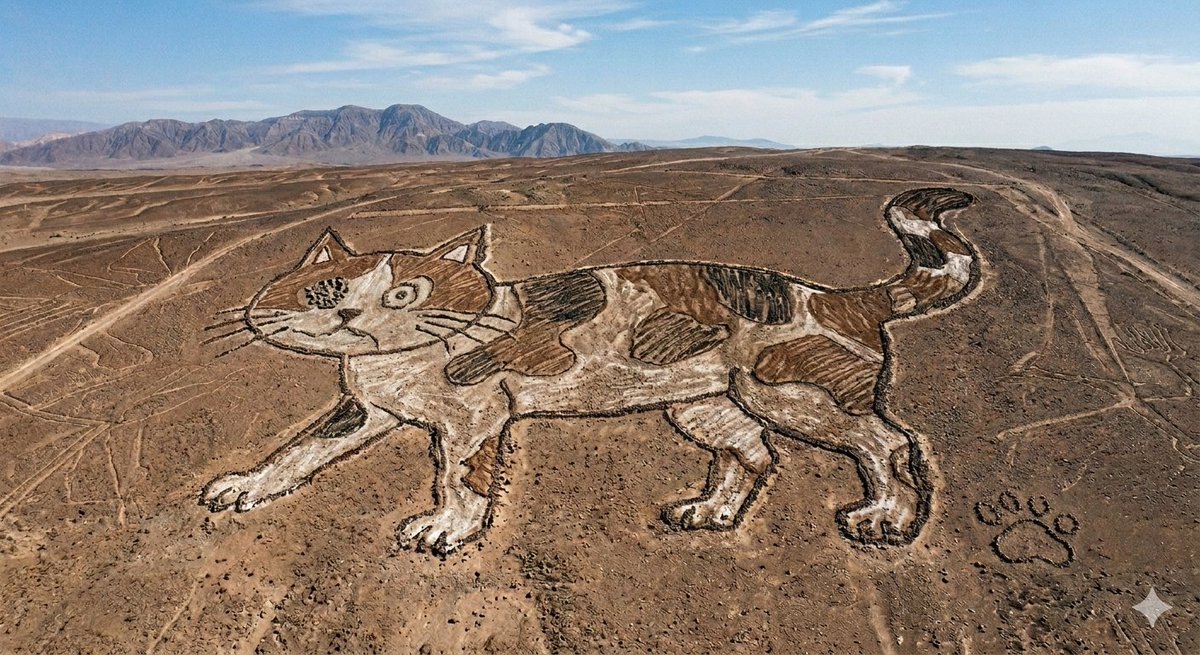 nano banana 2にナスカの地上絵風三毛猫下手くそ絵を描かせたら、3枚