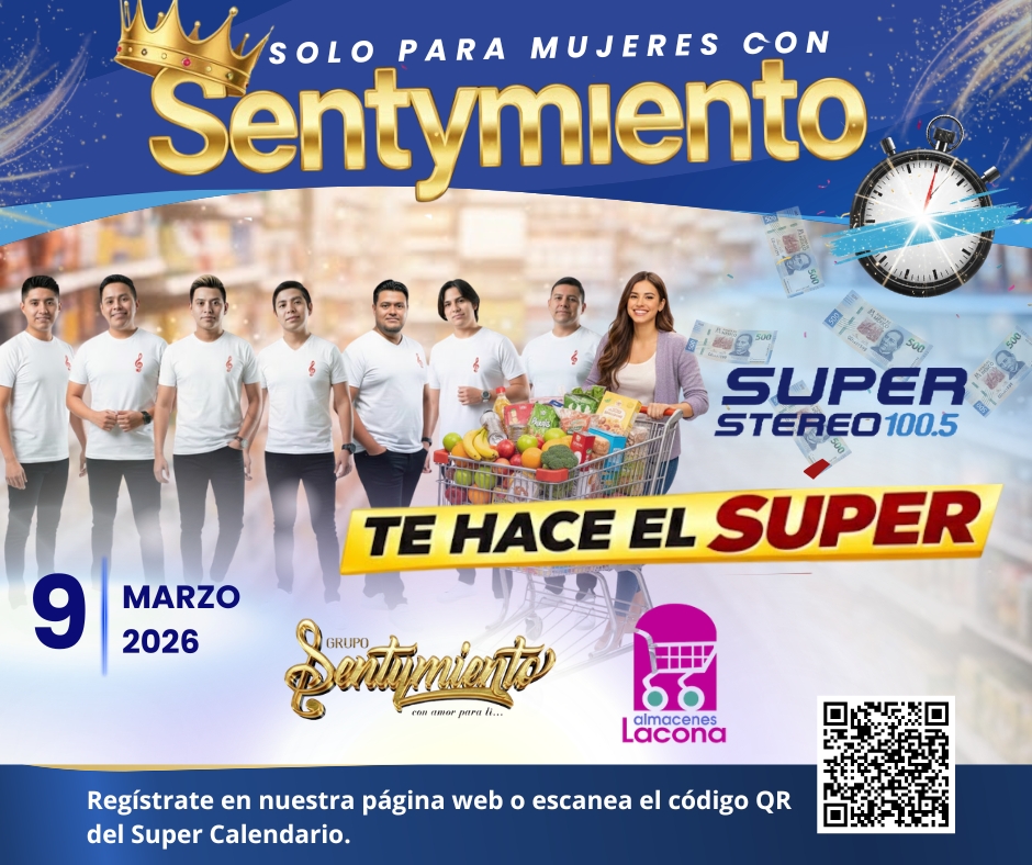 😱¿Te imaginas hacer tu súper gratis de la mano de tus artistas favoritos? Super Stereo 100.5 FM , Almacenes Lacona  y Grupo Sentymiento se unen para consentirte como te mereces.
Regístrate aquí: registro.nrm.plus/promo/6047/on/…

#gruposentymiento #almaceneslacona