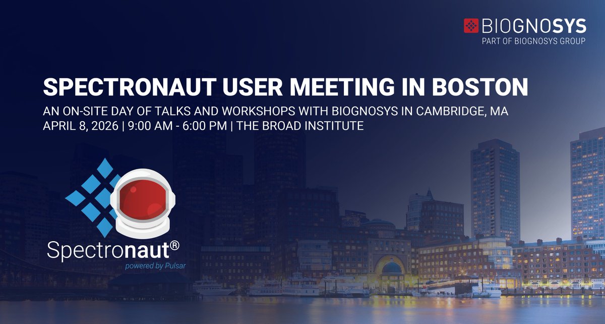 biognosys's tweet photo. 🧑‍🚀🚀Are you based in Boston and want to learn more about #Spectronaut?

Then join our Spectronaut User Meeting at the @broadinstitute!

📅 April 8, 2026
📍 the Broad Institute, Cambridge, MA

👉 Learn more &amp; register: https://t.co/oI1Indr5OF

#MassSpectrometry #DIAproteomics https://t.co/xGShiQ2EQh