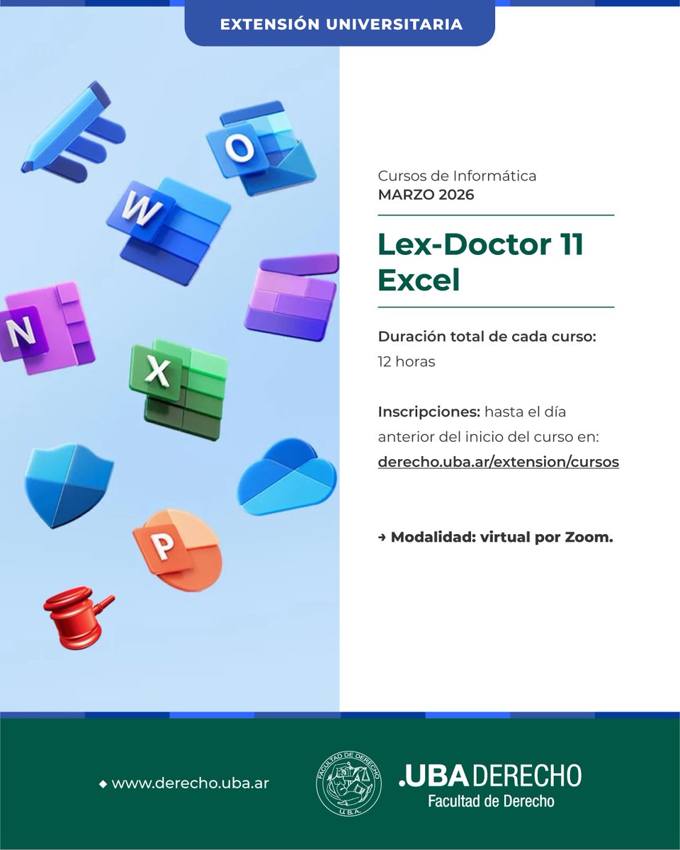 DerechoUBA's tweet image. 💻 Cursos de Informática de @extderechouba 

📢 Se encuentra abierta la inscripción a los cursos online de marzo de Lex-Doctor 11 y Excel 👉 ¡Anotate!

➕ Más información:  bit.ly/4qRg3zv

#ExtensiónUniversitaria #Cursos #Capacitación #Informática