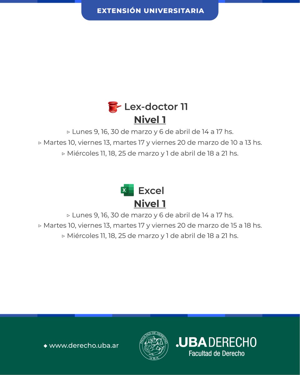 DerechoUBA's tweet image. 💻 Cursos de Informática de @extderechouba 

📢 Se encuentra abierta la inscripción a los cursos online de marzo de Lex-Doctor 11 y Excel 👉 ¡Anotate!

➕ Más información:  bit.ly/4qRg3zv

#ExtensiónUniversitaria #Cursos #Capacitación #Informática