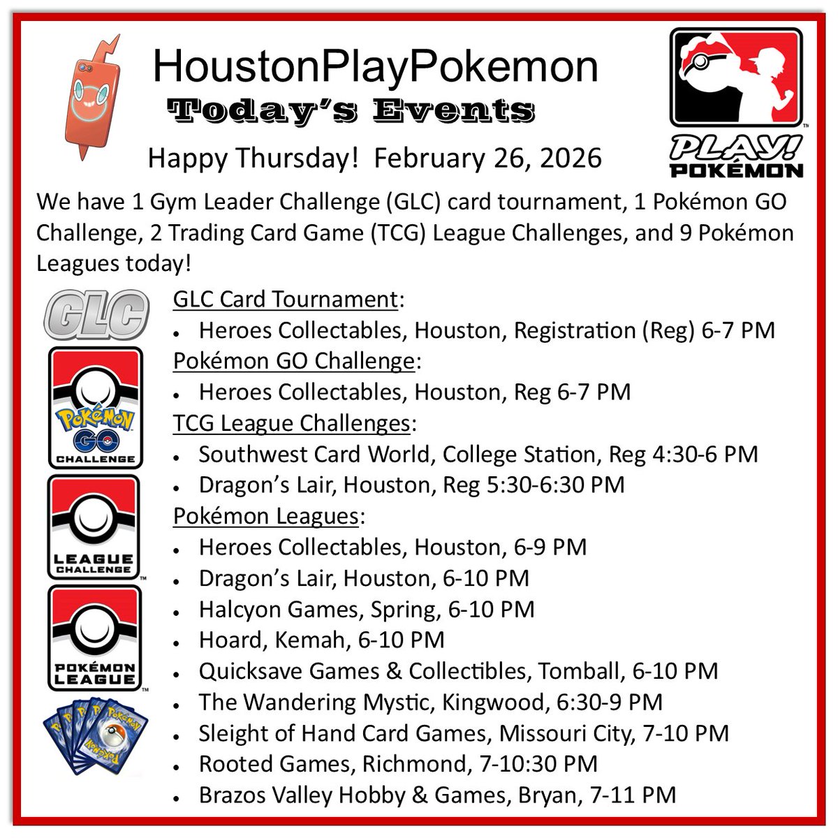 Happy Thursday! We have 1 Gym Leader Challenge (GLC) card tournament, 1 Pokémon GO Challenge, 2 Trading Card Game (TCG) League Challenges, and 9 Pokémon Leagues today! #PlayPokemon