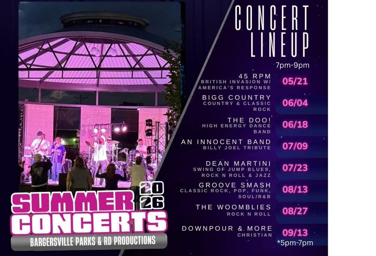 BargersvilleTwn's tweet photo. Mark your calendar, the Bargersville Parks &amp; Recreation Summer Concert Series is back! More music. More memories. More summer. ⭐All concerts are FREE. https://t.co/a9laUcdapT https://t.co/RcOx1jfWr1