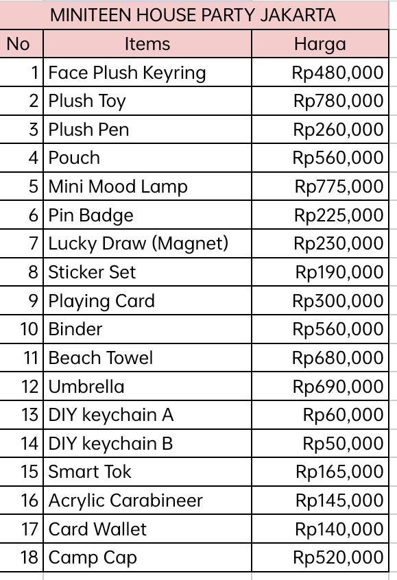 Miniteen House Party Pop-Up in Jakarta 

• price on pict (harga berdasarkan postingan yang di takedown ig kpopmerch)

📅  visit 27 feb (first day), next visit tba
💸 fullpay or dp
📦 shopee
✔️ full refund jika barang tidak ada
❌ exc pack &amp; adm
📍 garut, jabar

‼️ order by chat