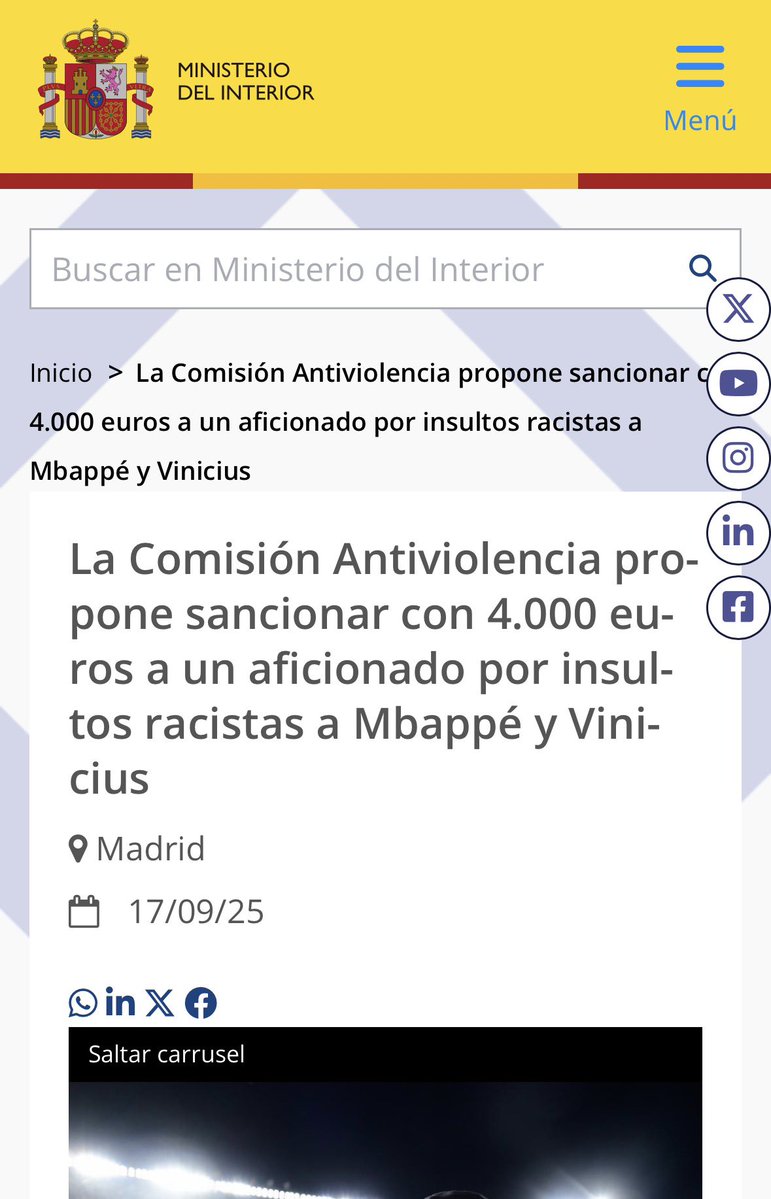 El último, <a href="/Tebasjavier/">Javier Tebas Medrano</a> ? Cómo es posible ser tan miserable? Así a bote pronto este en Oviedo esta temporada interior.gob.es/opencms/es/det… y lamentablemente ha habido otros más. 

El presidente de todos los clubes de <a href="/LaLiga/">LALIGA</a> ha perdido la cabeza.