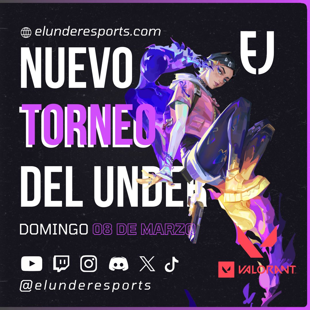 TORNEO DE VALORANT

•🛡️5 vs 5 
•🌟Free Elo (sin restricción de rango) 
• ⚔ Eliminacion Directa
•💰INSCRIPCION GRATIS

Inscripciones: elunderesports.com/torneos
Discord: discord.gg/aKZawmKNMD