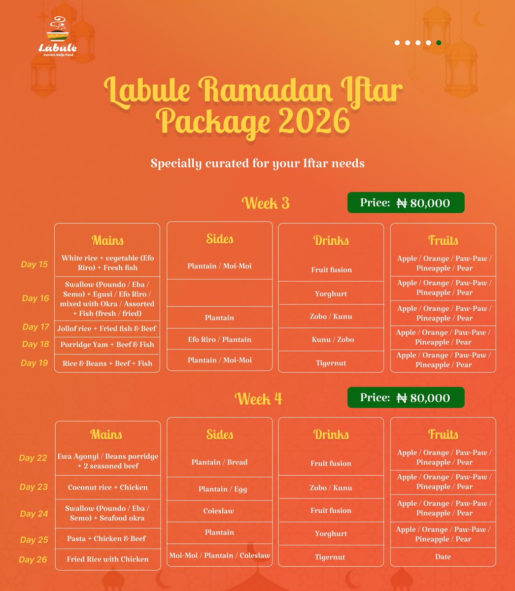 Labuleng_'s tweet photo. The smartest way to handle Ramadan meals? Systemize it.

₦80,000 for the week.

Send us a message now to subscribe. Alternatively, WhatsApp/Call: 0905 355 9532

#Ramadan #Labule #LabuleRestaurant #Iftar #Bulkfood https://t.co/saokCjguj9